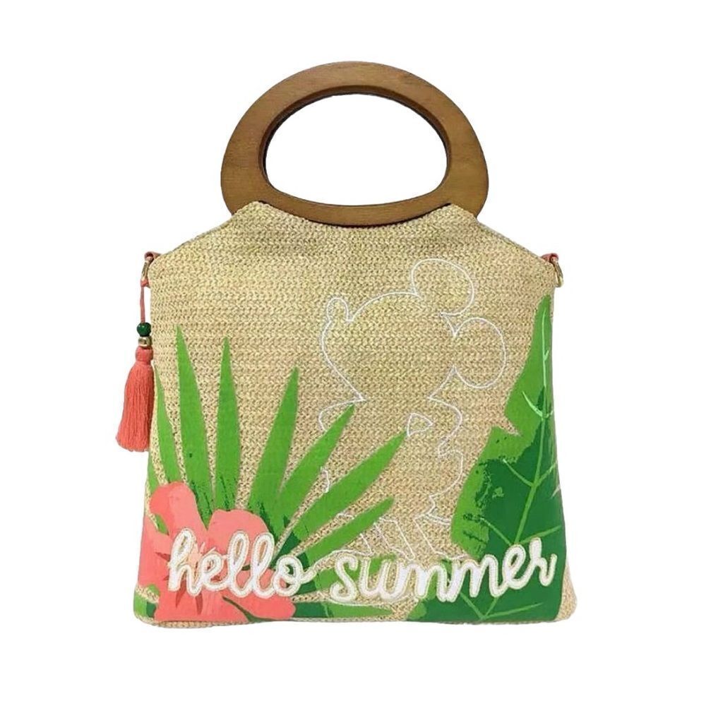 Disney Parks Mickey Silhouette Tropical Hello Summer Raffia Shoulder Handbag NWT